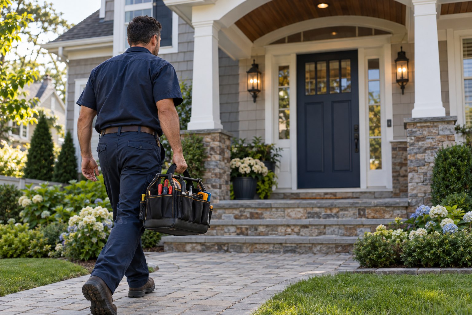 Electrician in navy work shirt carrying a tool bag toward a suburban long island house, rear three quarter view