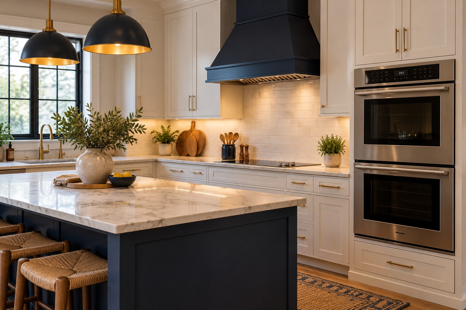 Modern residential kitchen with electric wall oven and cooktop, warm architectural photo