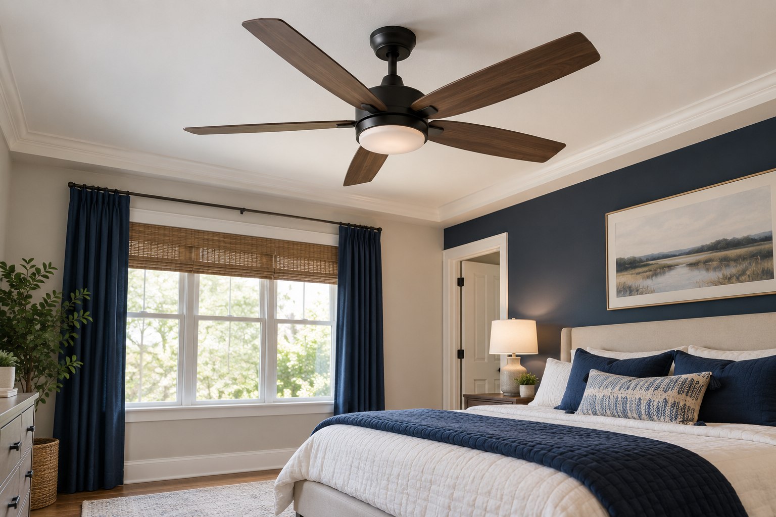 Modern five blade ceiling fan securely installed on a residential bedroom ceiling