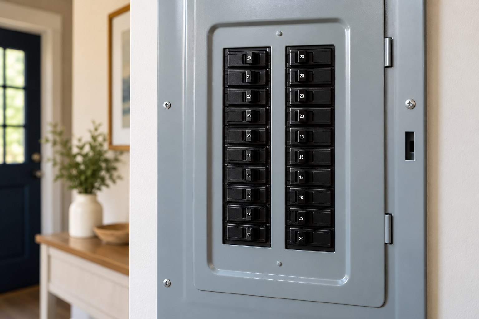 Close view of two neat columns of black circuit breaker handles in a residential panel with deadfront cover in place