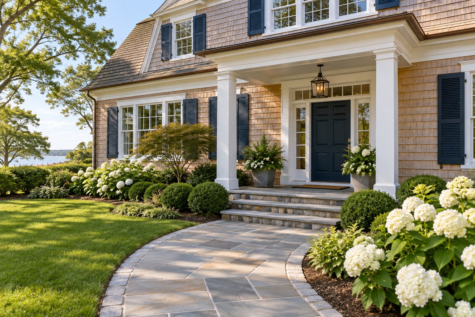 Welcoming cedar shingle long island home exterior and front pathway in daylight, no people no signage