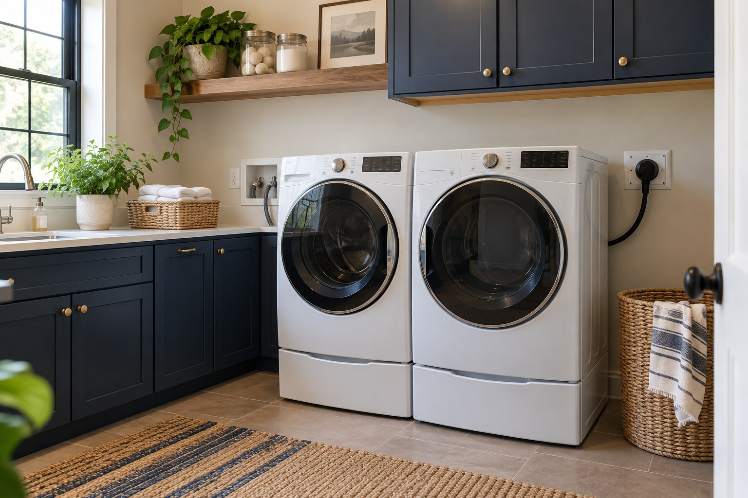 Finished residential laundry space with washer dryer and correctly installed wall electrical connections
