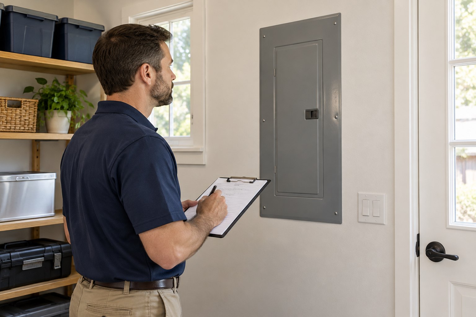 Electrician with clipboard visually inspecting a closed home electrical panel from a safe distance