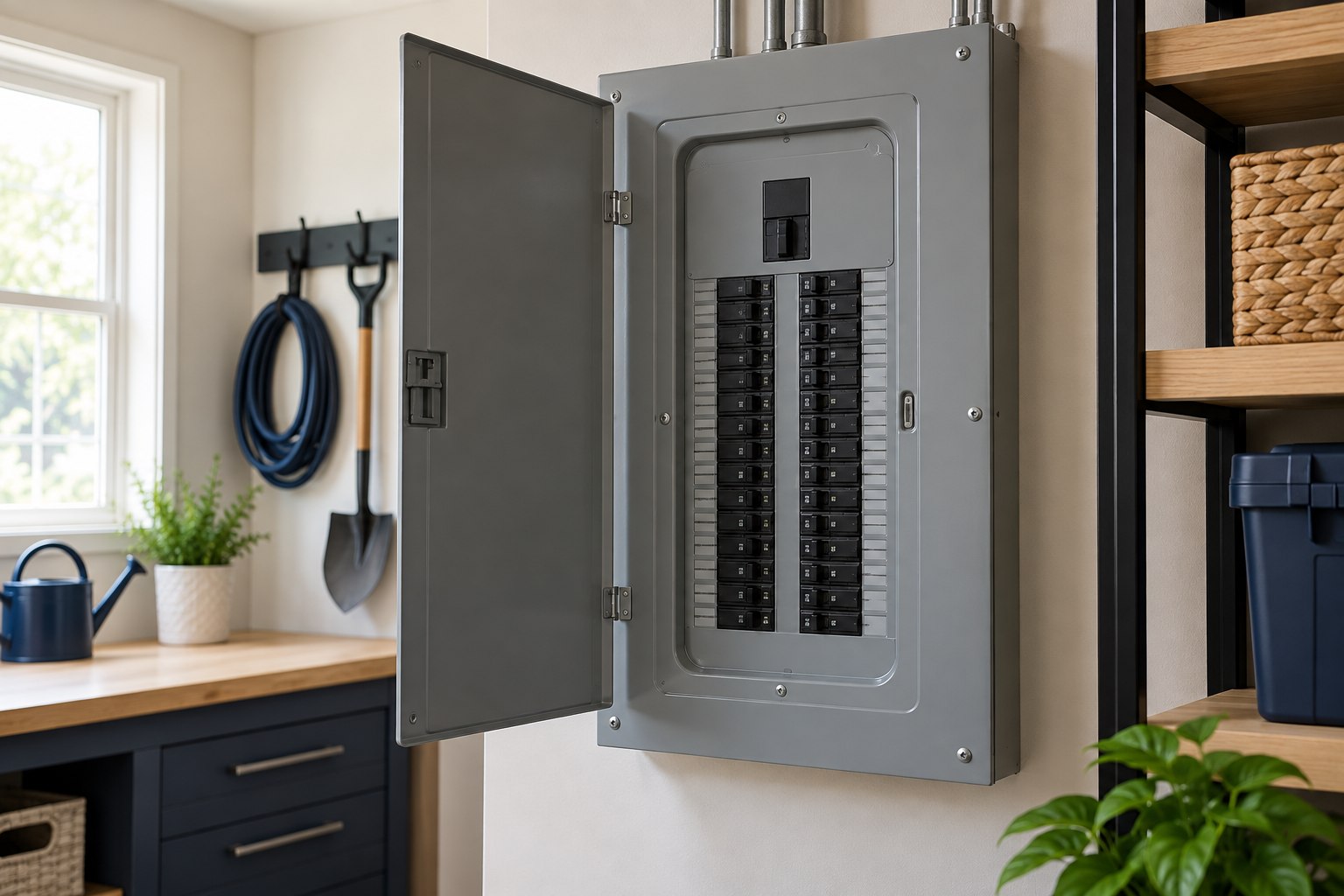 Closed gray residential electrical panel with its outer door open revealing neat rows of covered breakers, bright utility room