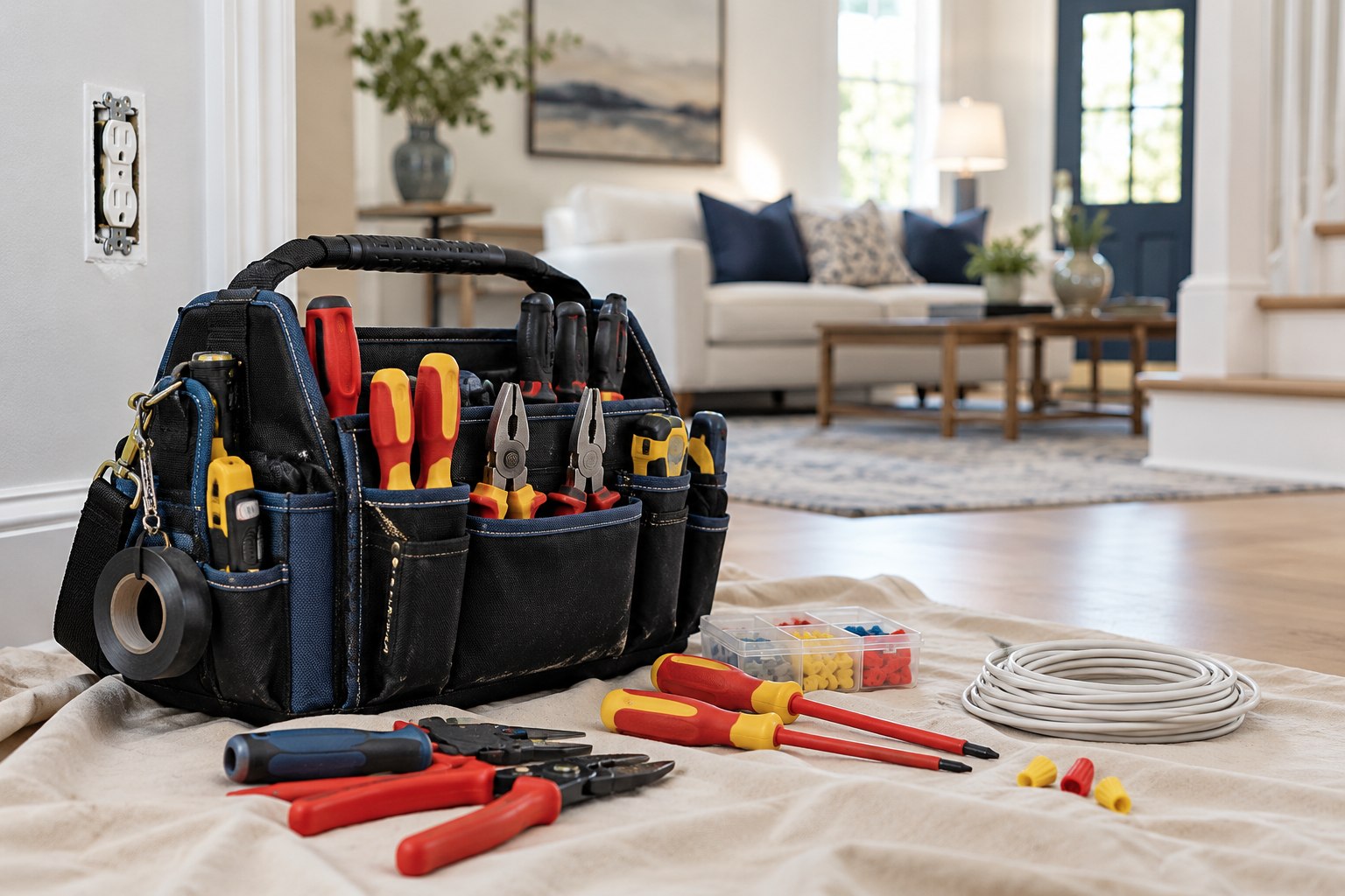 Residential electrician tool bag and insulated hand tools on protective cloth in a bright home interior