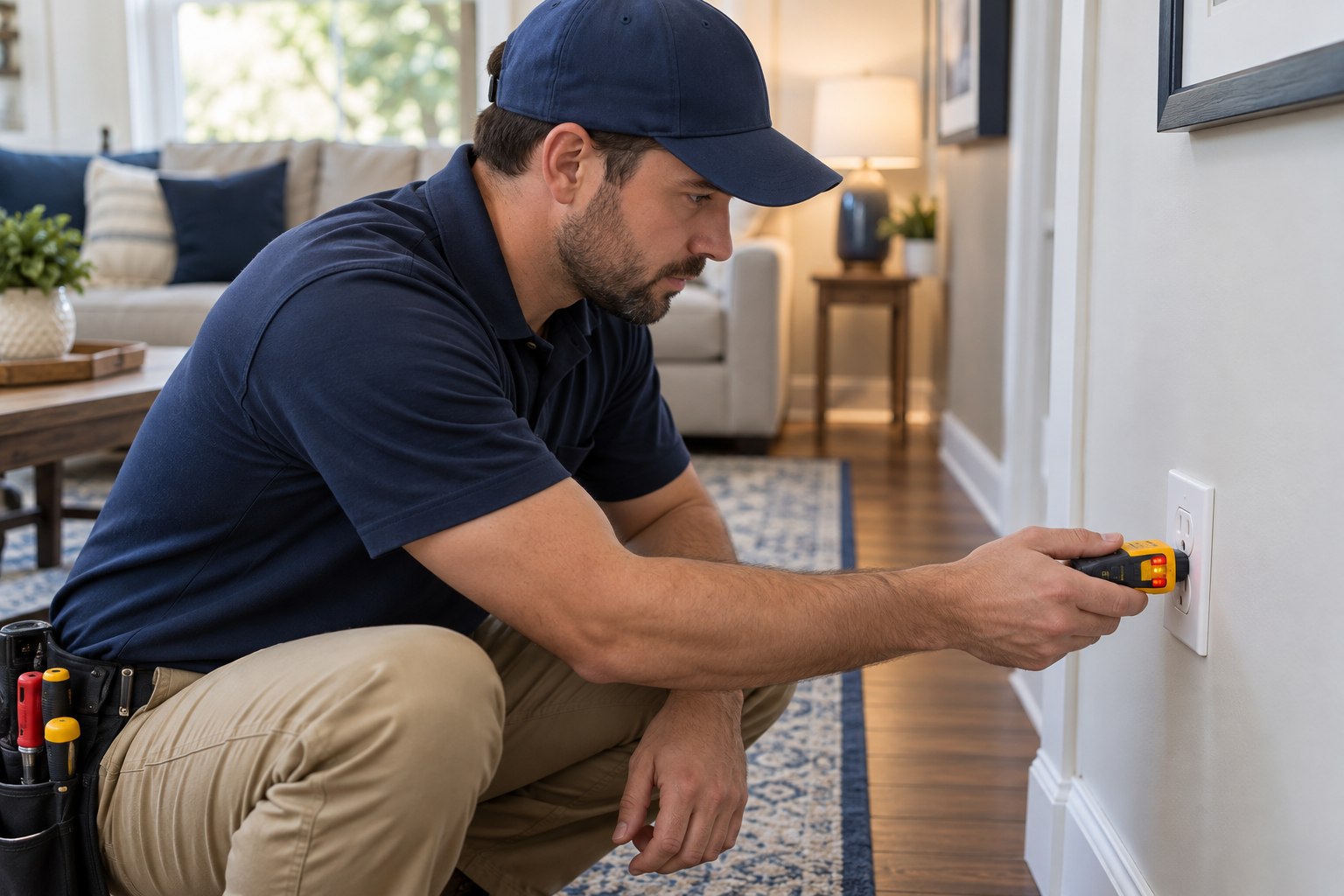 Electrician using a plug-in diagnostic tester at a residential wall outlet