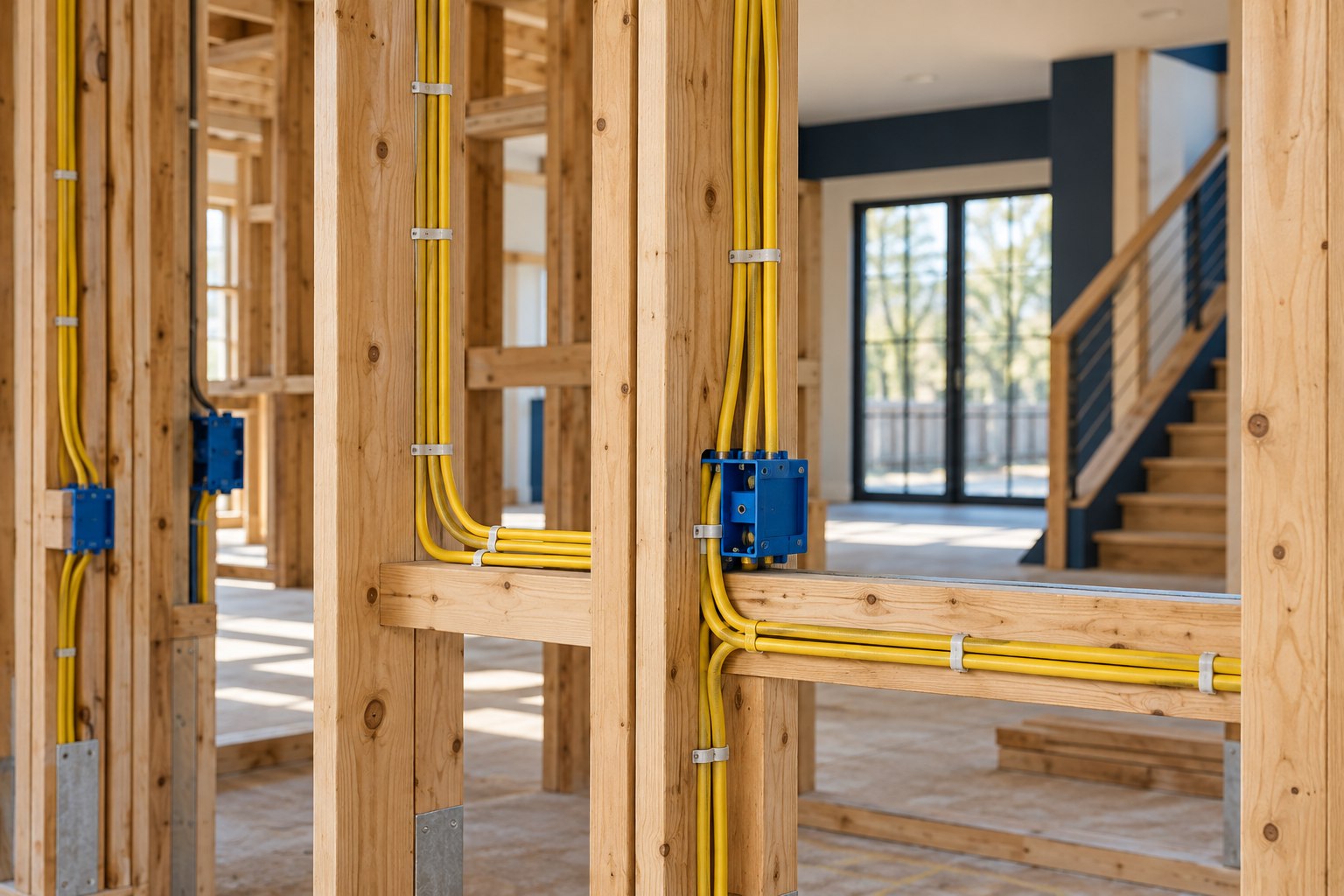 Neatly routed yellow sheathed electrical cables through wood studs in a residential renovation, no people