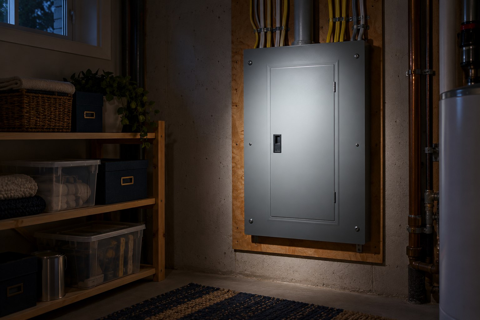 Residential utility room during low light with flashlight illuminating a closed electrical panel, calm no fire no sparks no people