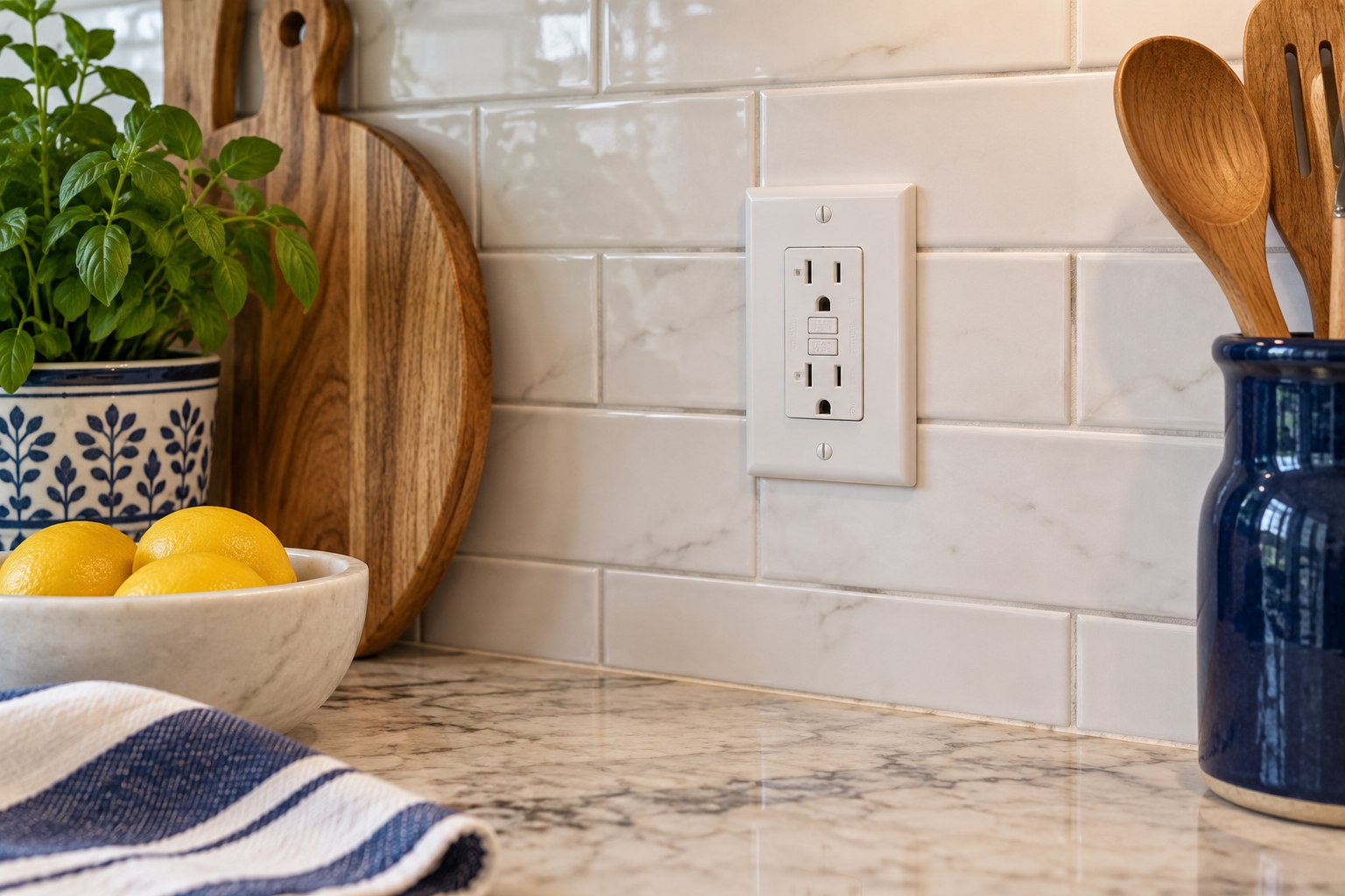 White american gfci outlet with test and reset buttons and faceplate on a kitchen backsplash, no text labels beyond tiny device markings