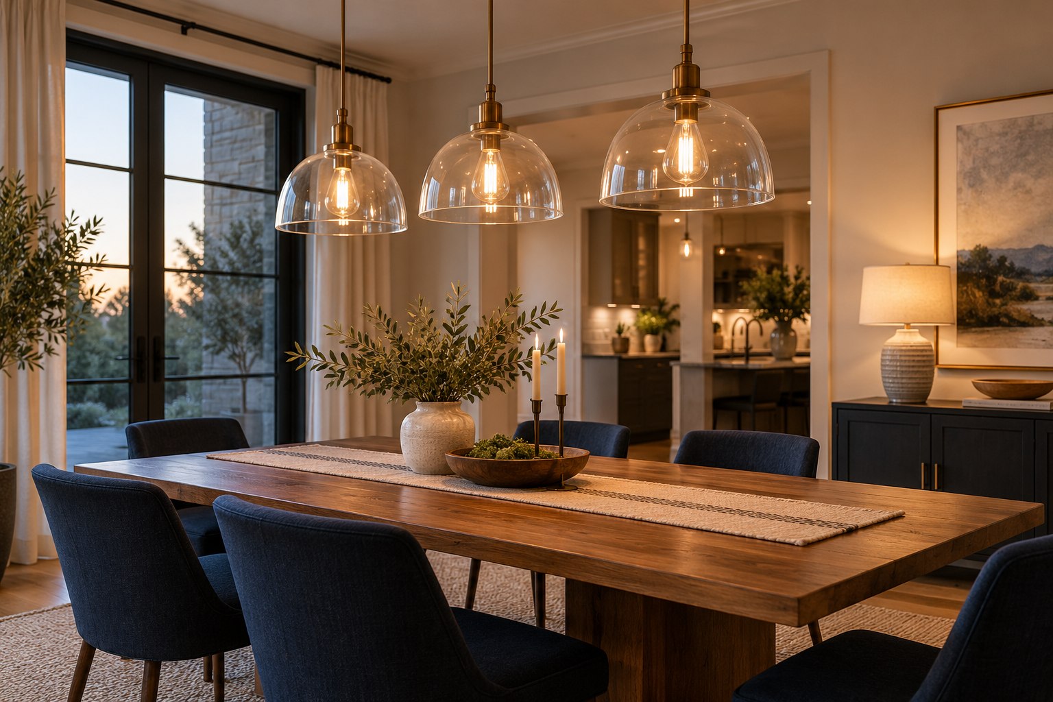 Warm pendant light installation over a modern residential dining table