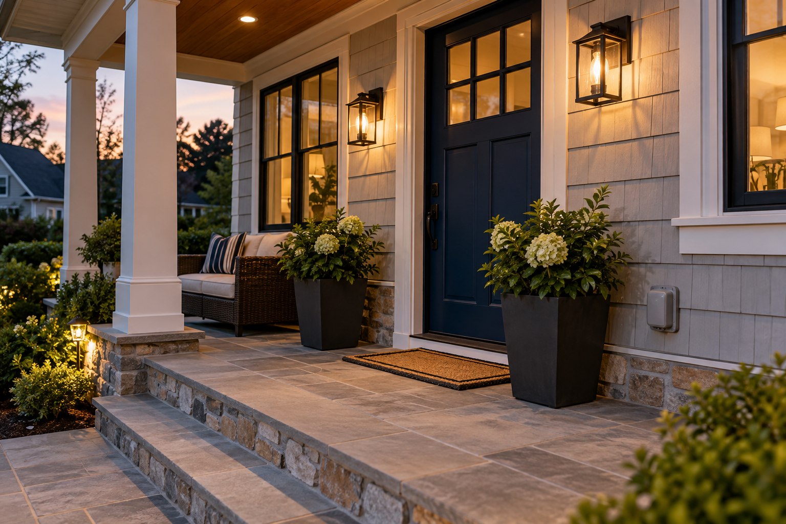 Long island suburban home porch at twilight with lit exterior wall sconces and a covered outdoor outlet