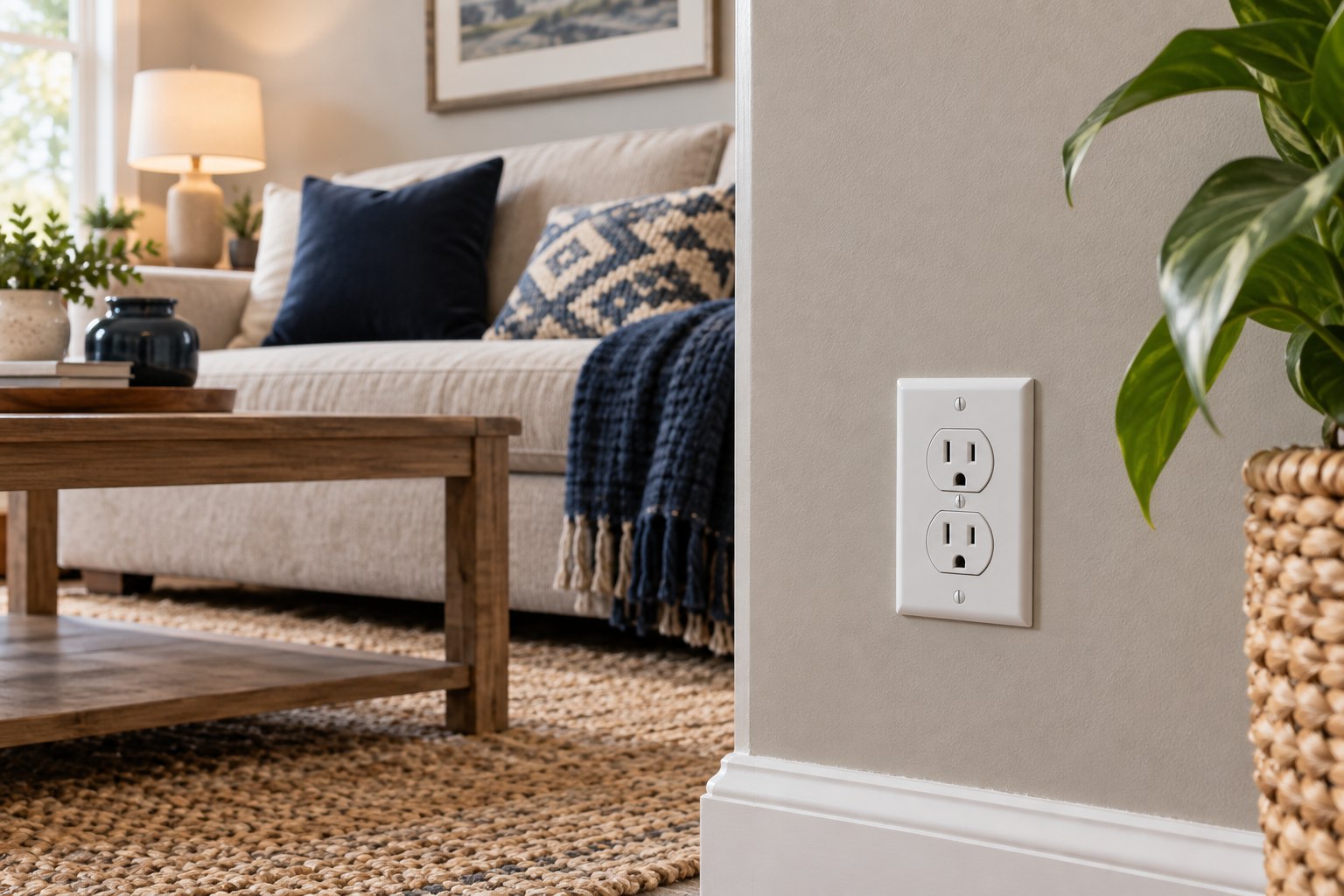 White american duplex wall outlet and intact faceplate on a warm gray living room wall