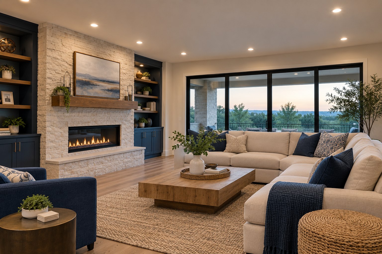 Wide modern living room with evenly spaced recessed ceiling lights glowing softly