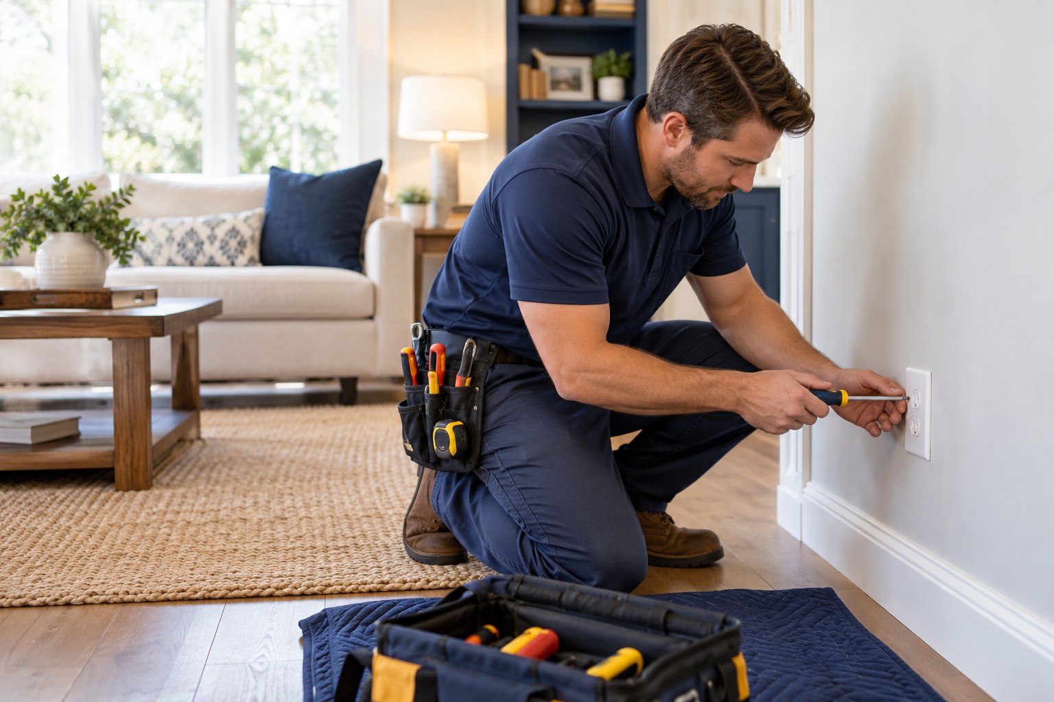 Electrician kneeling beside a wall outlet in a bright living room, tools neatly arranged, no exposed wiring