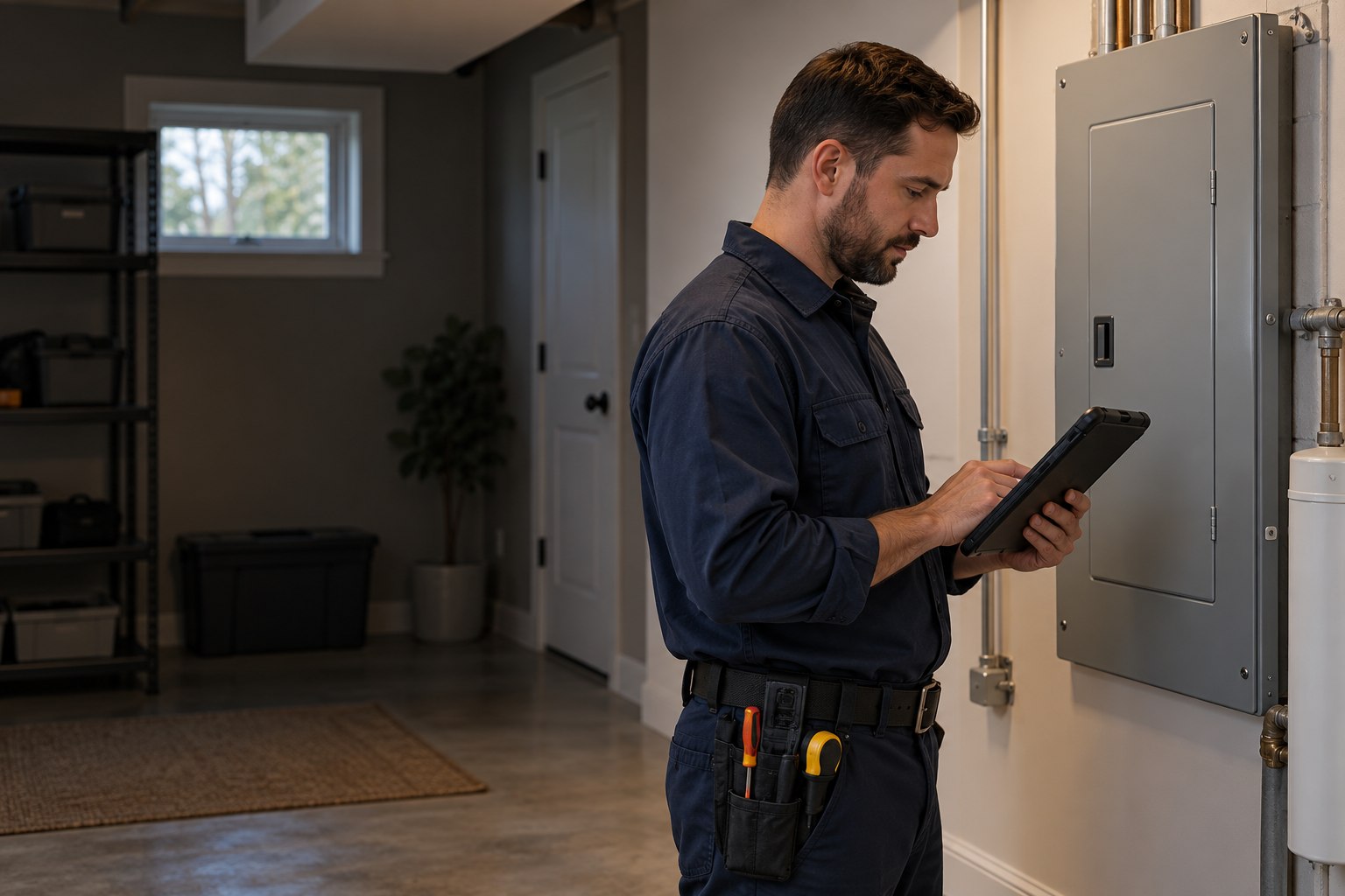 Electrician reviewing a tablet beside a closed residential electrical panel
