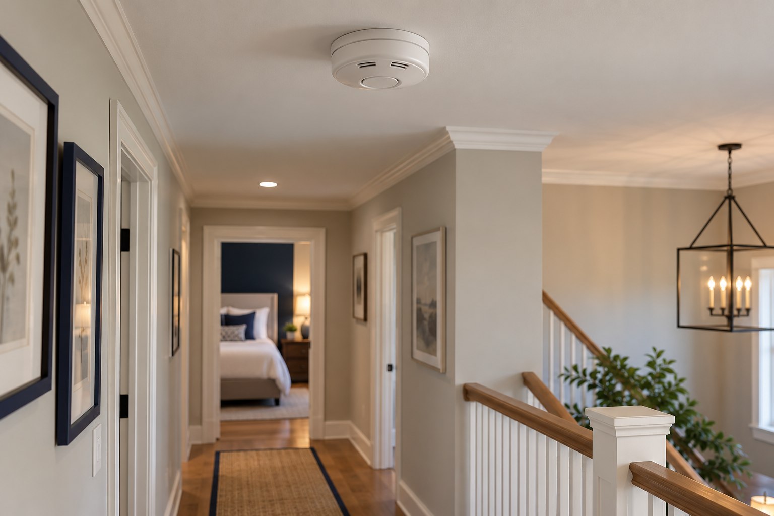 Round white smoke alarm on a home hallway ceiling, unobtrusive modern interior