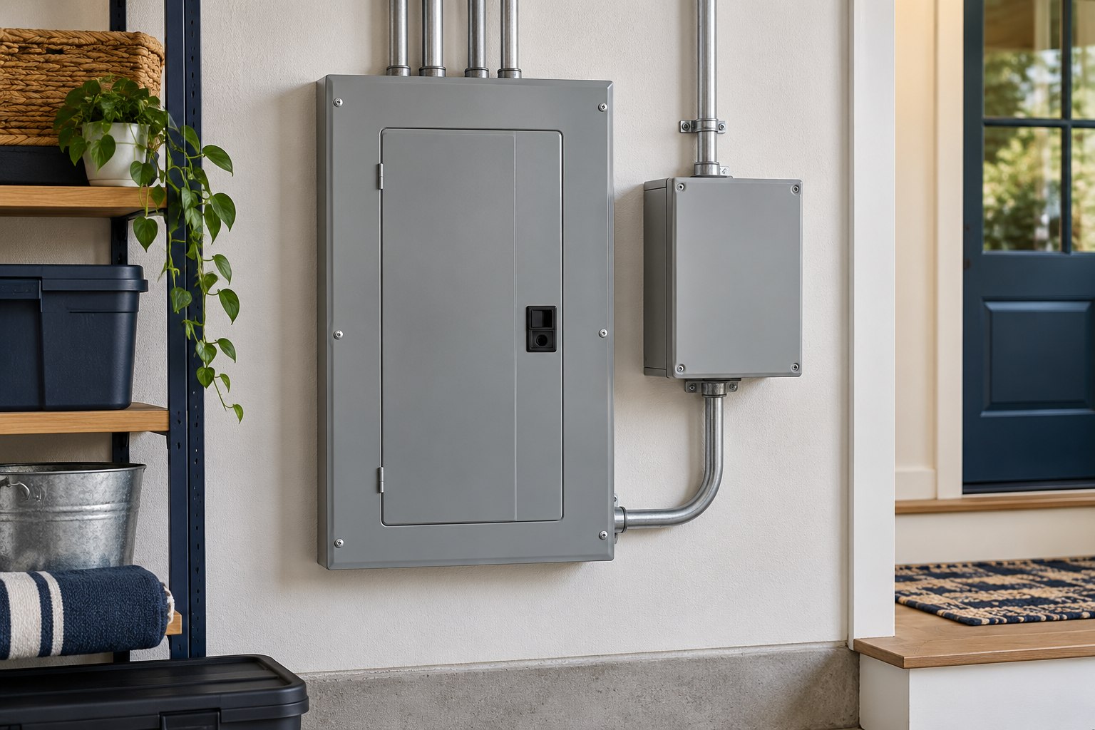 Neat residential closed gray electrical panel with a small whole-house surge protection enclosure professionally mounted beside it, no brands