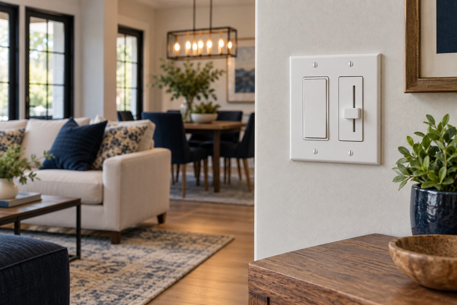 White paddle light switch and slider dimmer in a two-gang faceplate on an elegant home wall